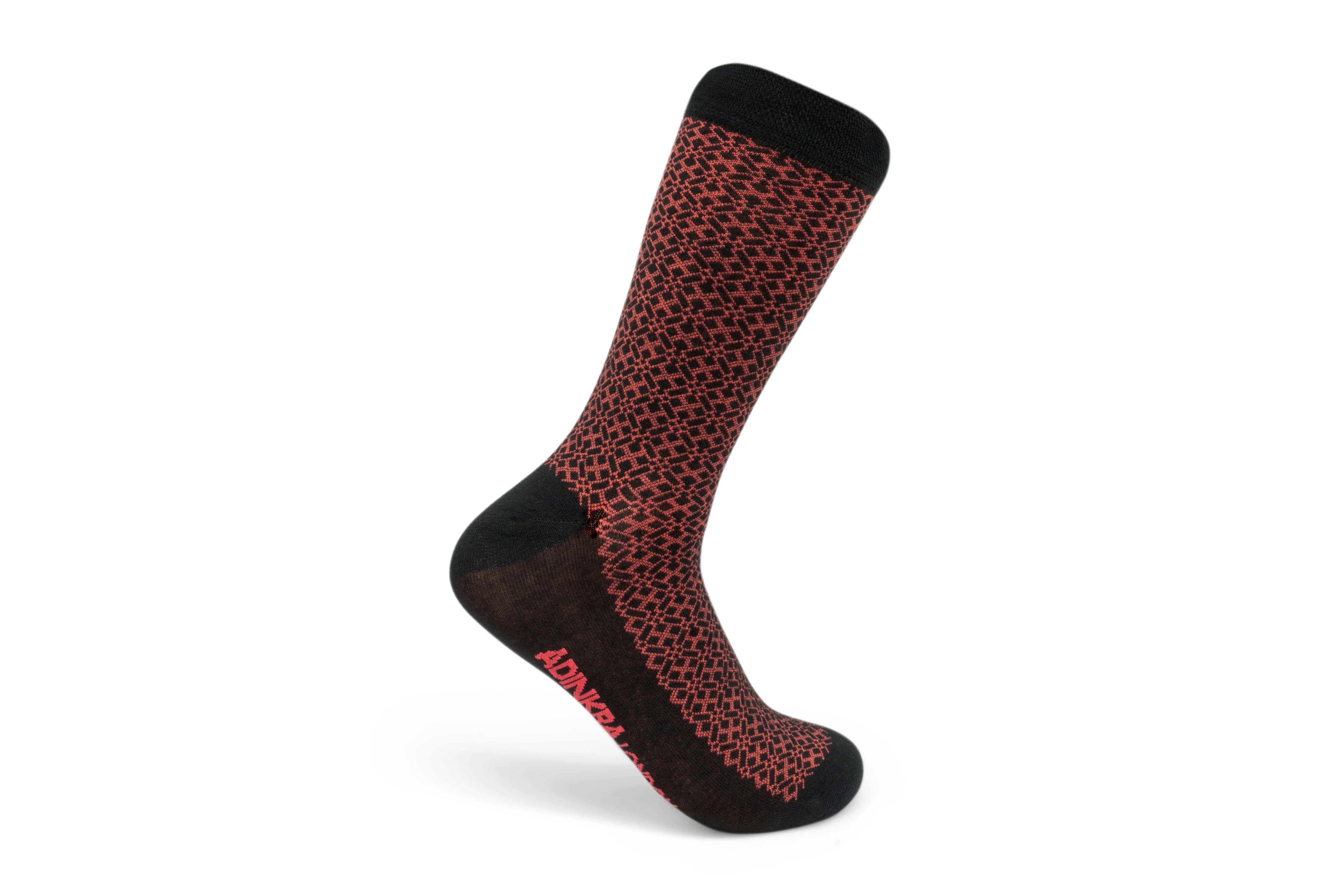 ADINKRA Socks Single Pair / One Size Fits Most (UK 7-11) NSAA Combed Cotton Socks (Red on Black)