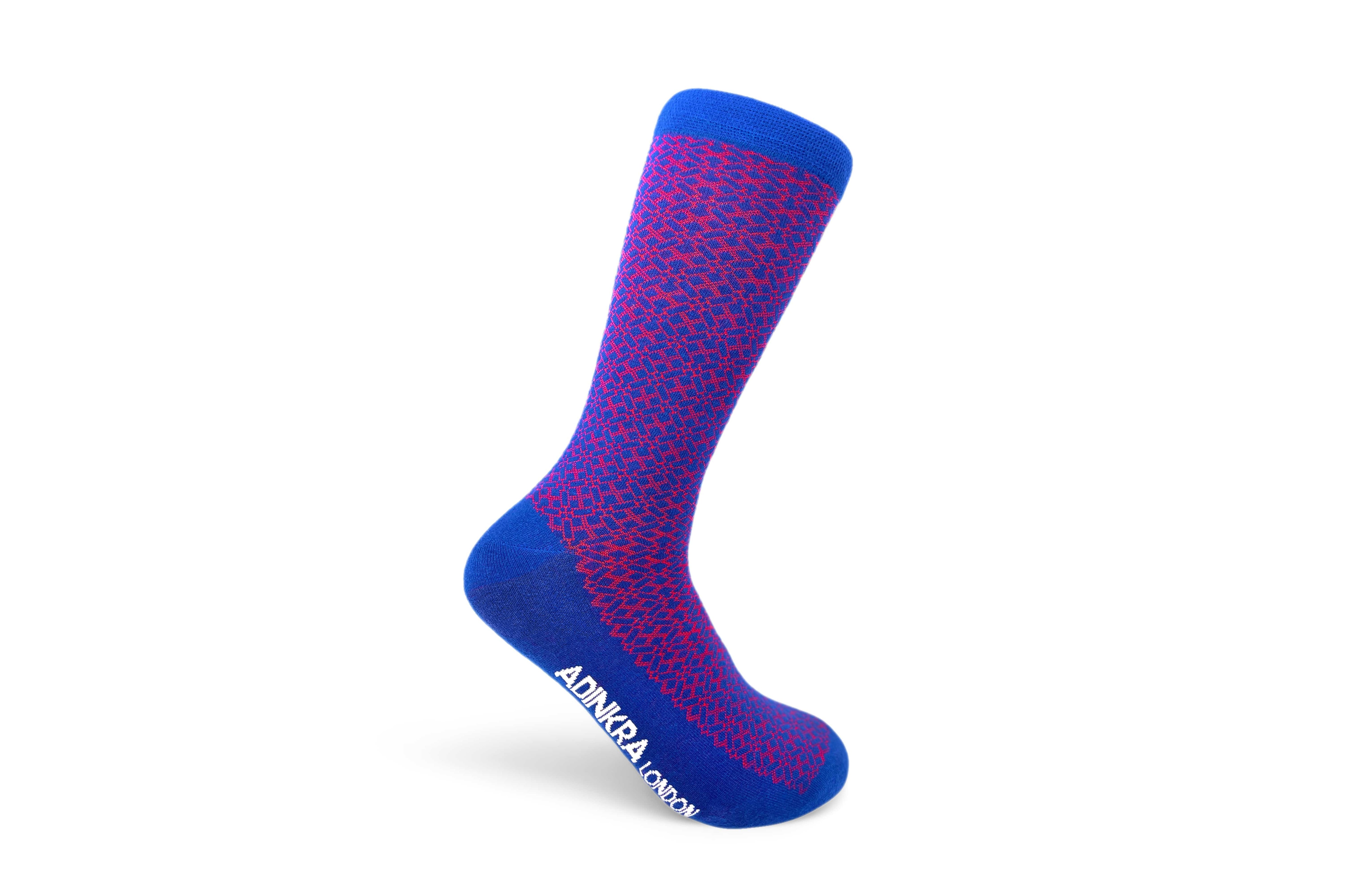 ADINKRA Socks Single Pair / One Size Fits Most (UK 7-11) NSAA Combed Cotton Socks (Red on Blue)