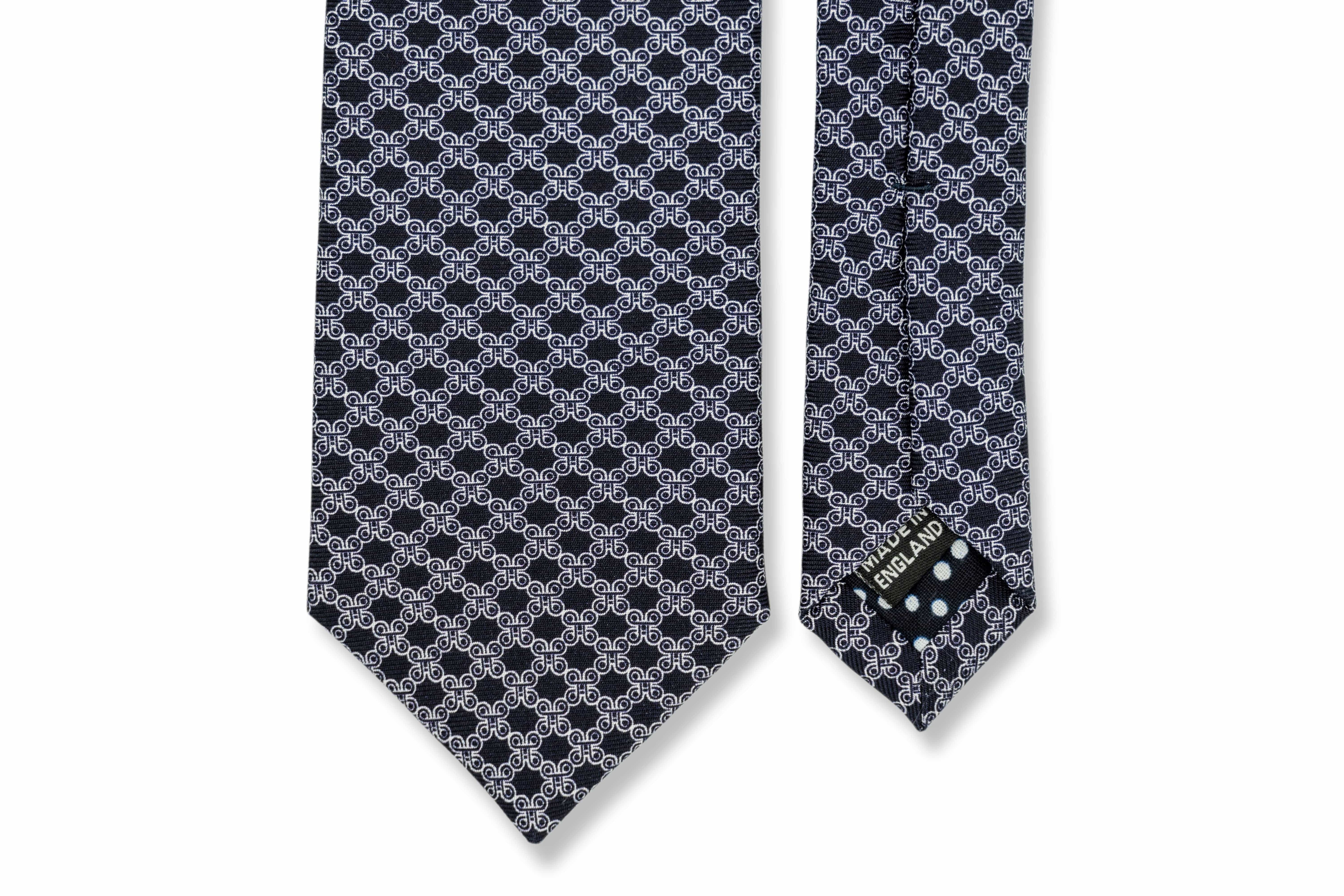 ADINKRA Tie Gray Mpatapo Hand-Finished Silk Tie - White on Dark Navy