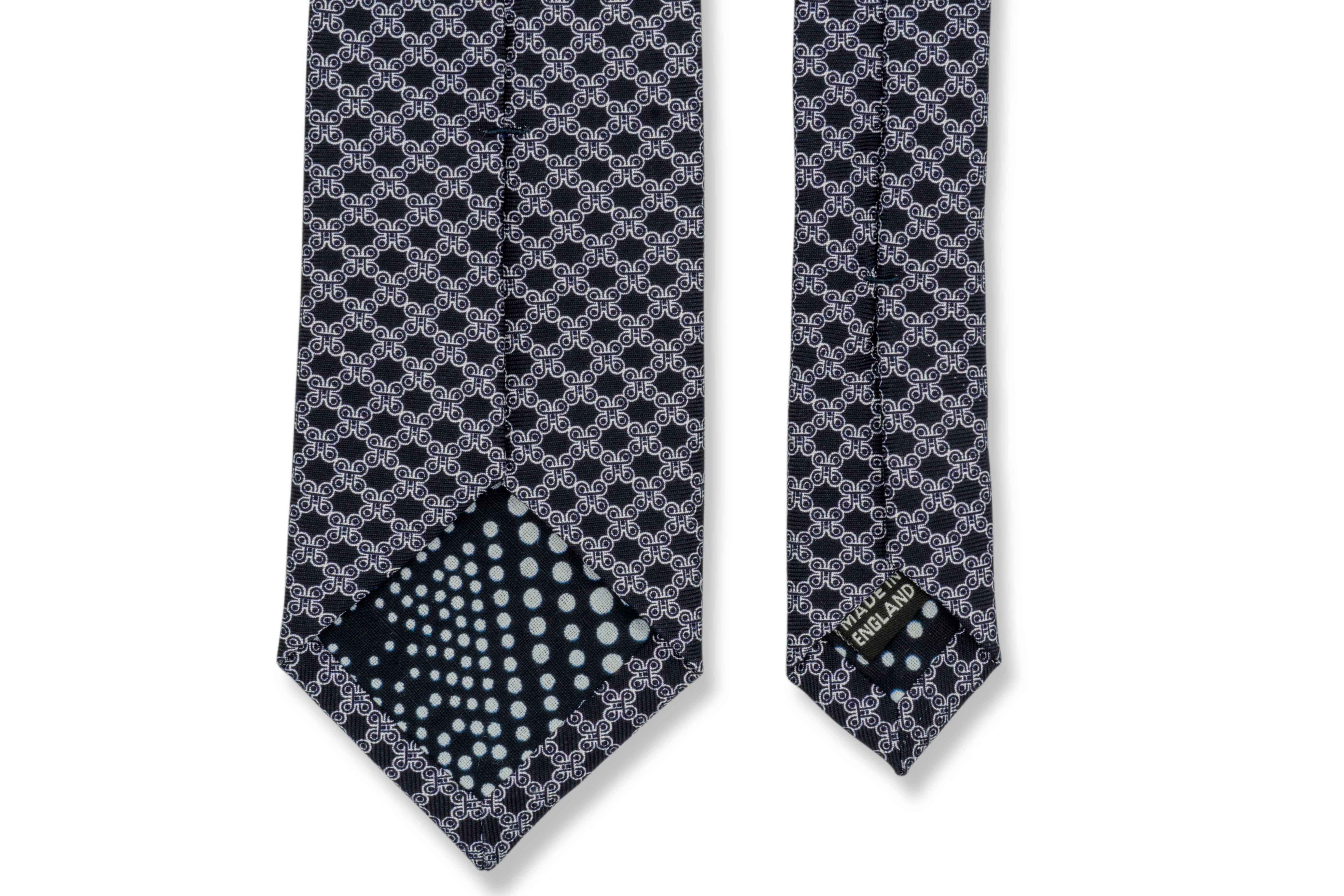 ADINKRA Tie Gray Mpatapo Hand-Finished Silk Tie - White on Dark Navy