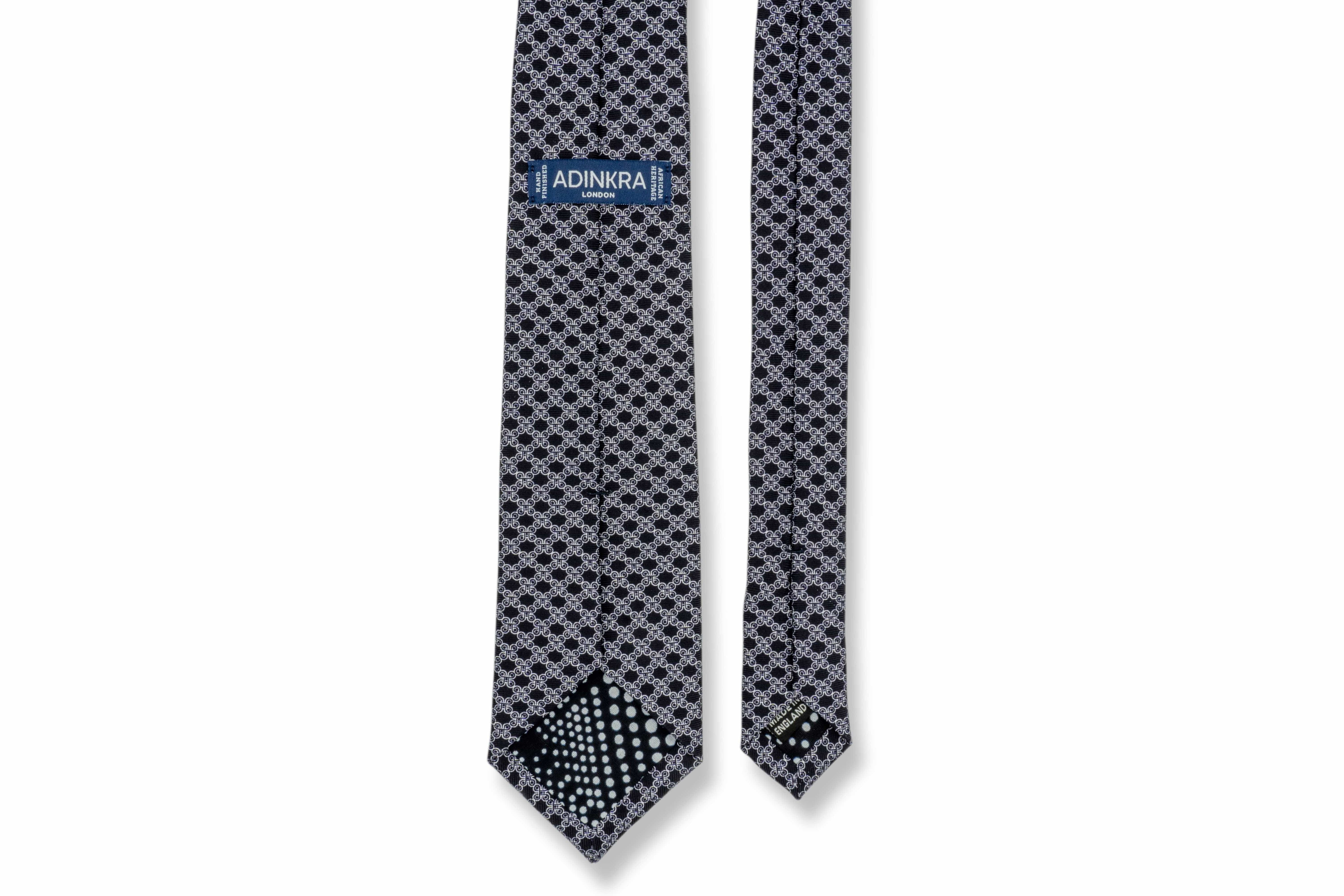 ADINKRA Tie Gray Mpatapo Hand-Finished Silk Tie - White on Dark Navy