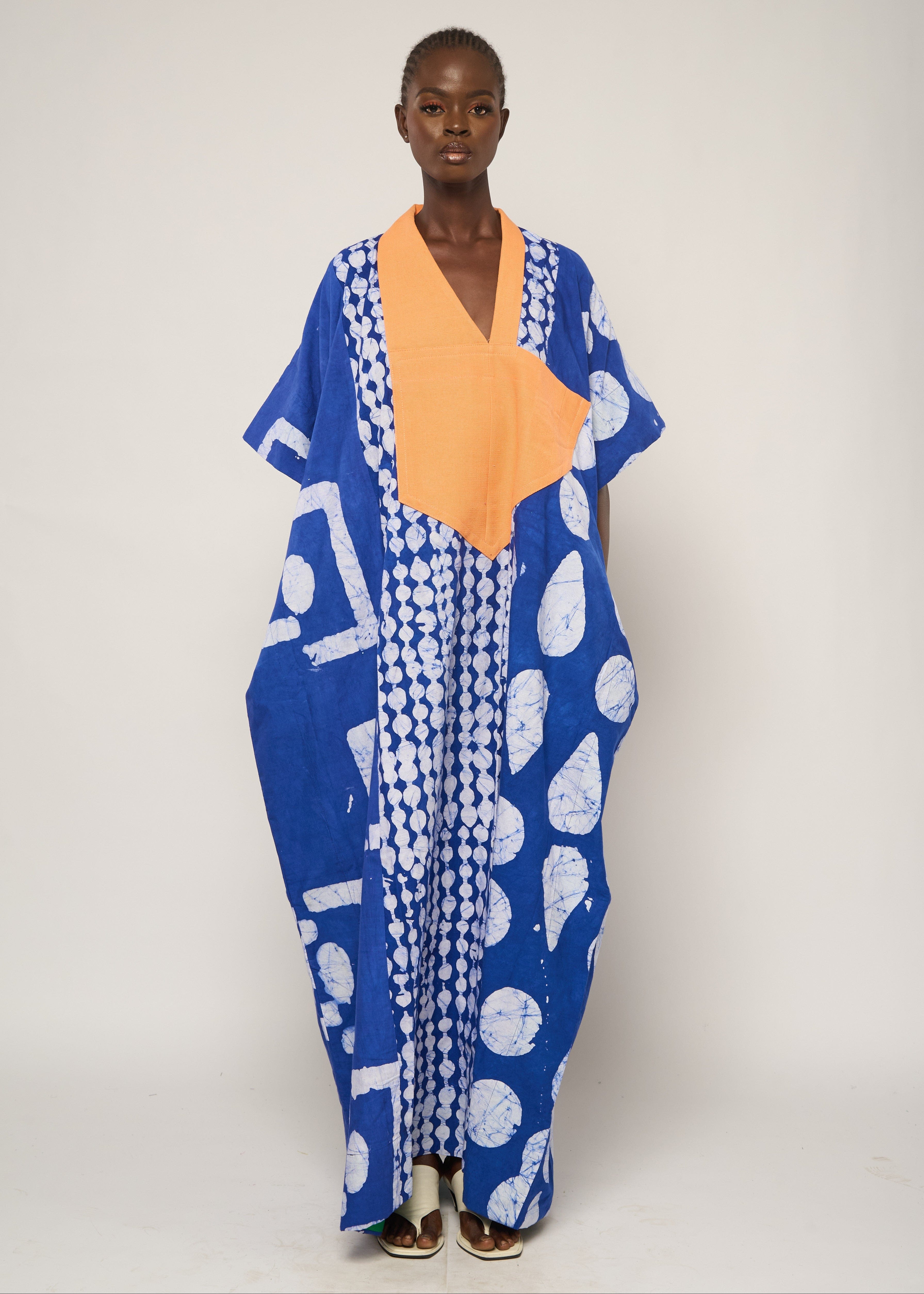 Dye Lab Bubu Blue / One size Blue and White Print Agbada with Aso oke Collar