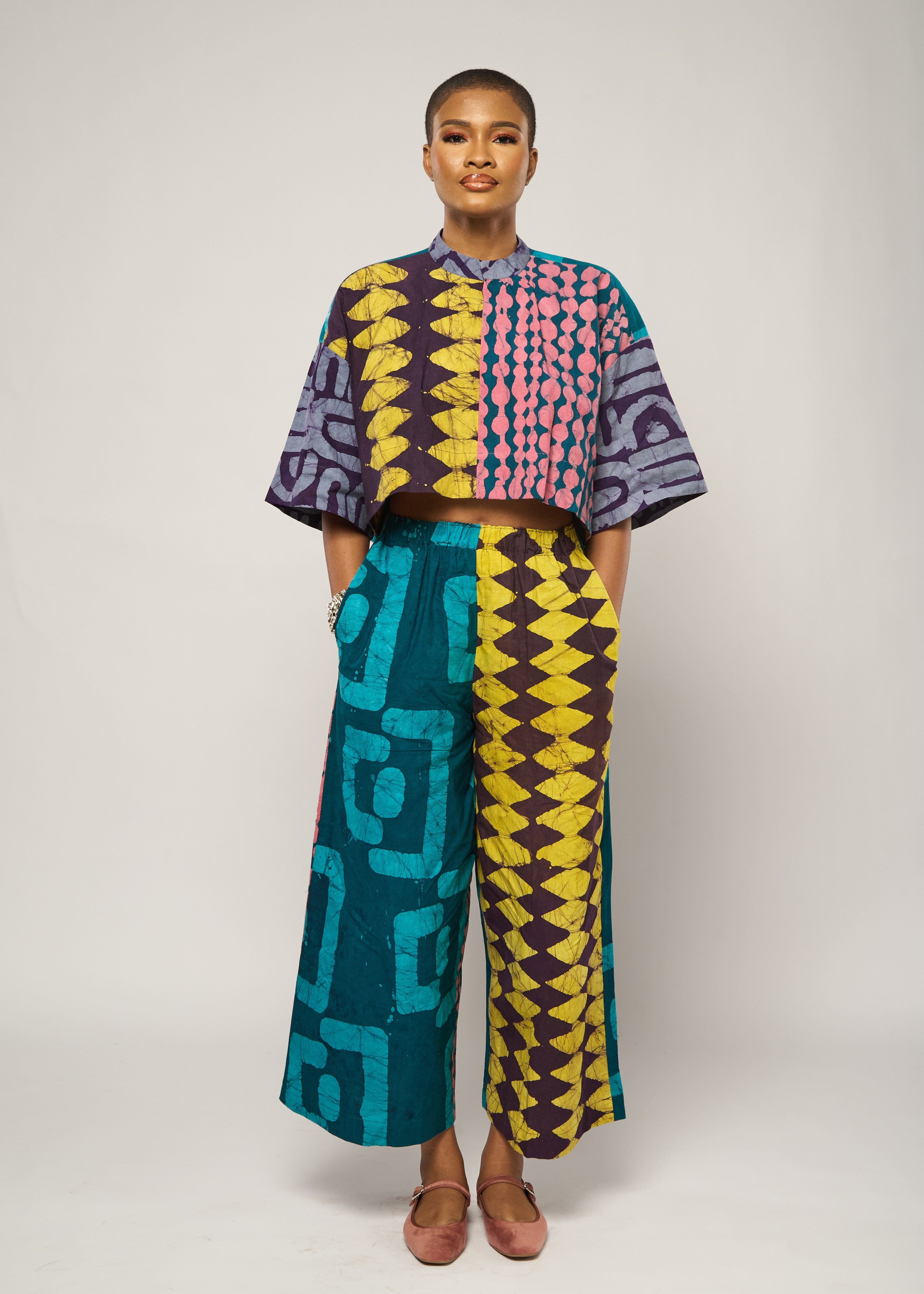 Dye Lab Pants Yellow and Brown Zigzag Multicolour Wide Leg Culottes with Aso oke  Back Pockets