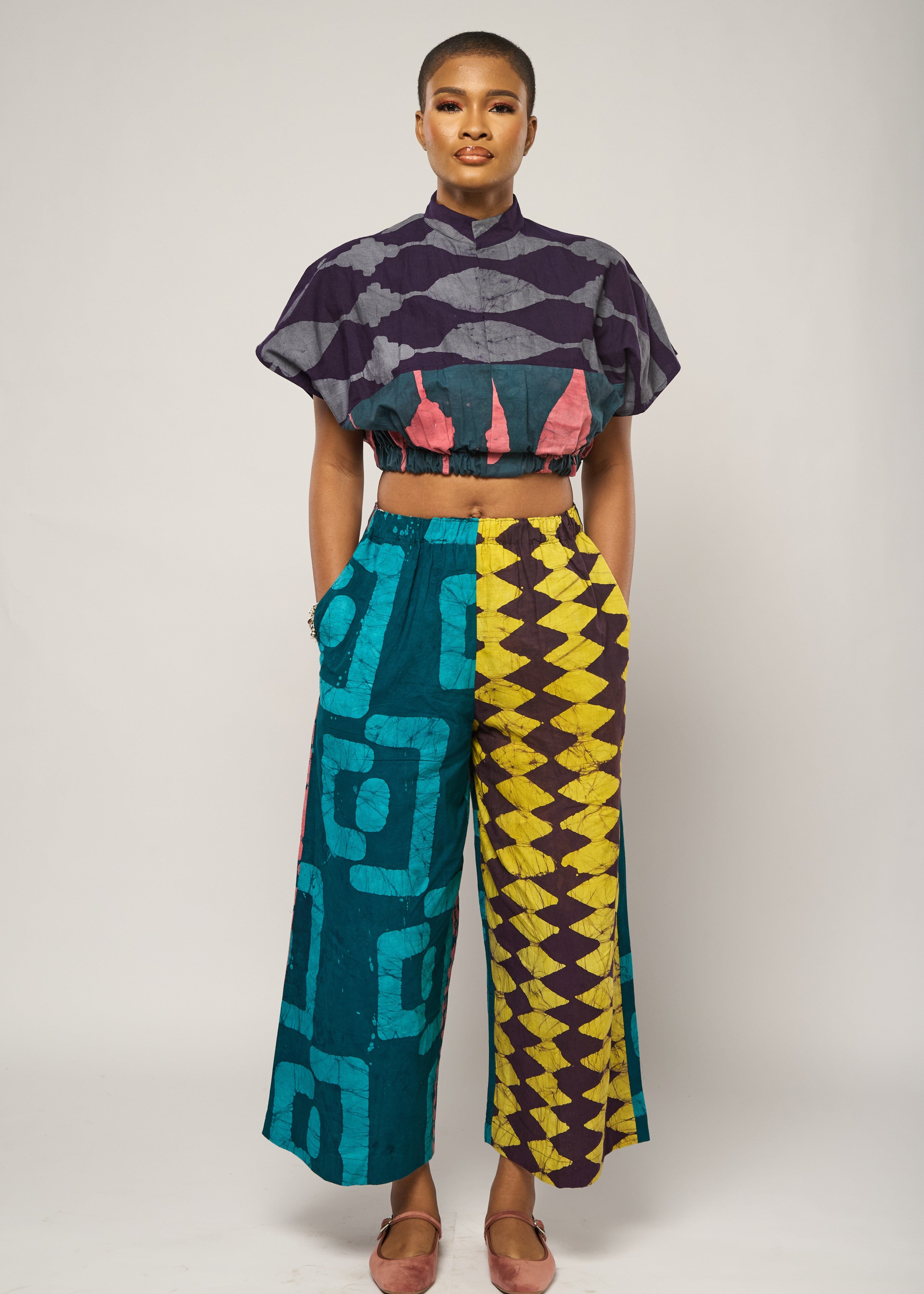 Dye Lab Pants Yellow and Brown Zigzag Multicolour Wide Leg Culottes with Aso oke  Back Pockets