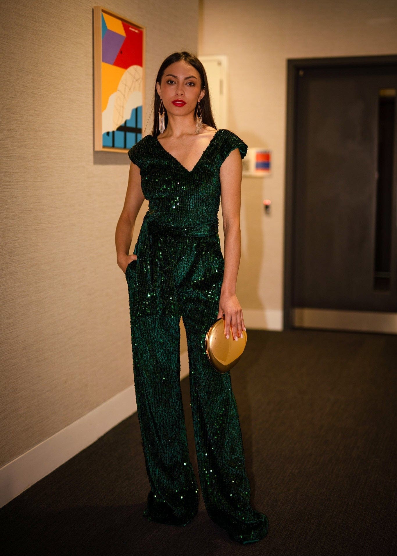 NALÈ Jumpsuit Green Velvet Sequin Jumpsuit with Satin Lining and Detachable Belt