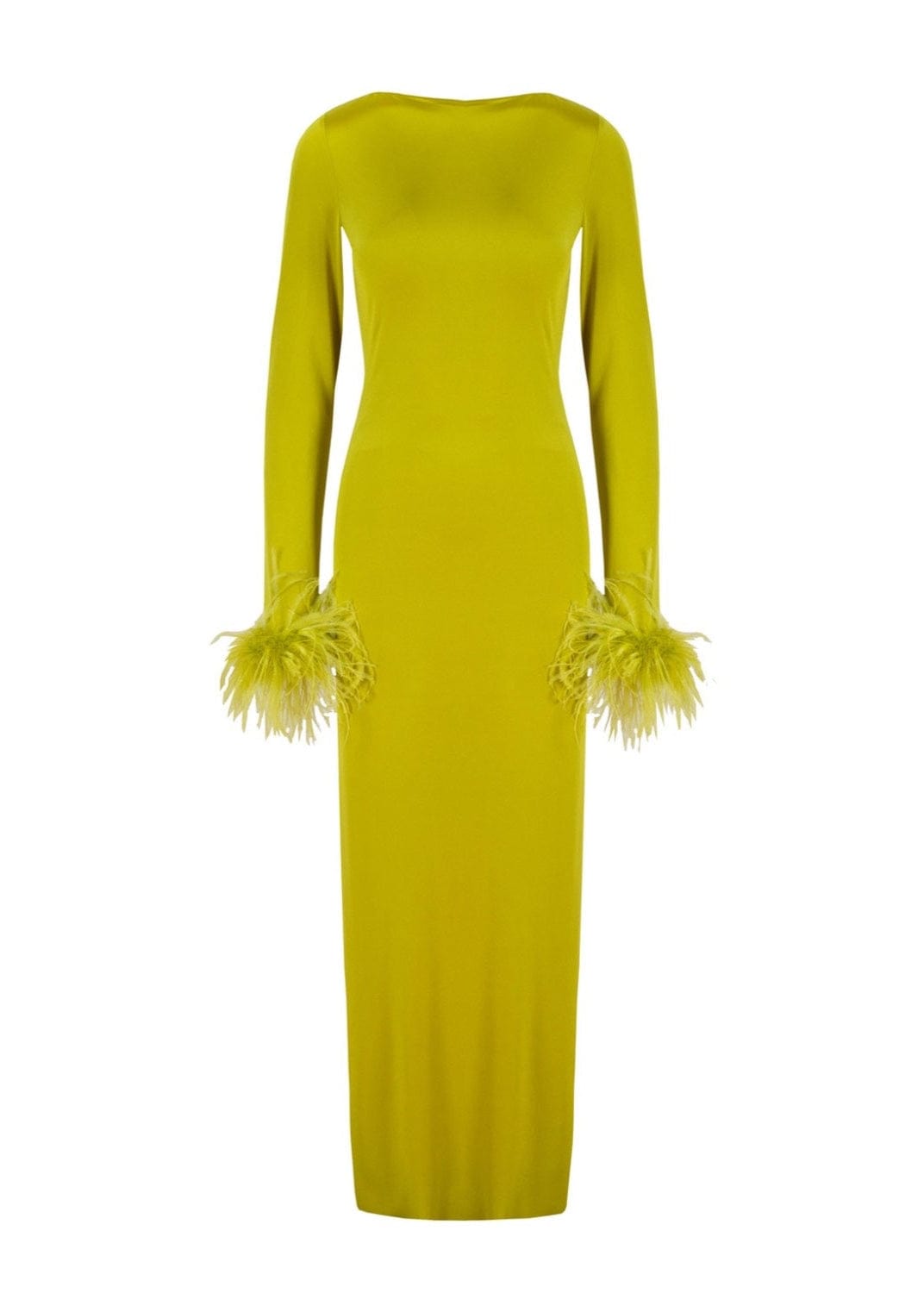 NALÈ Women's Dress Lime Green Silk Satin Backless Dress With Feather Trim